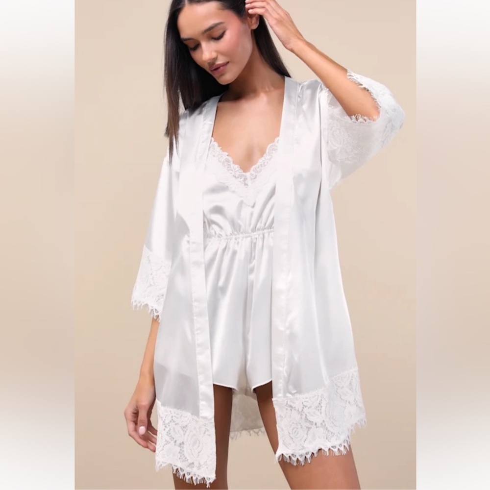 NWT SET Lulus Satin Short Robe & Satin Lace Lounge Romper